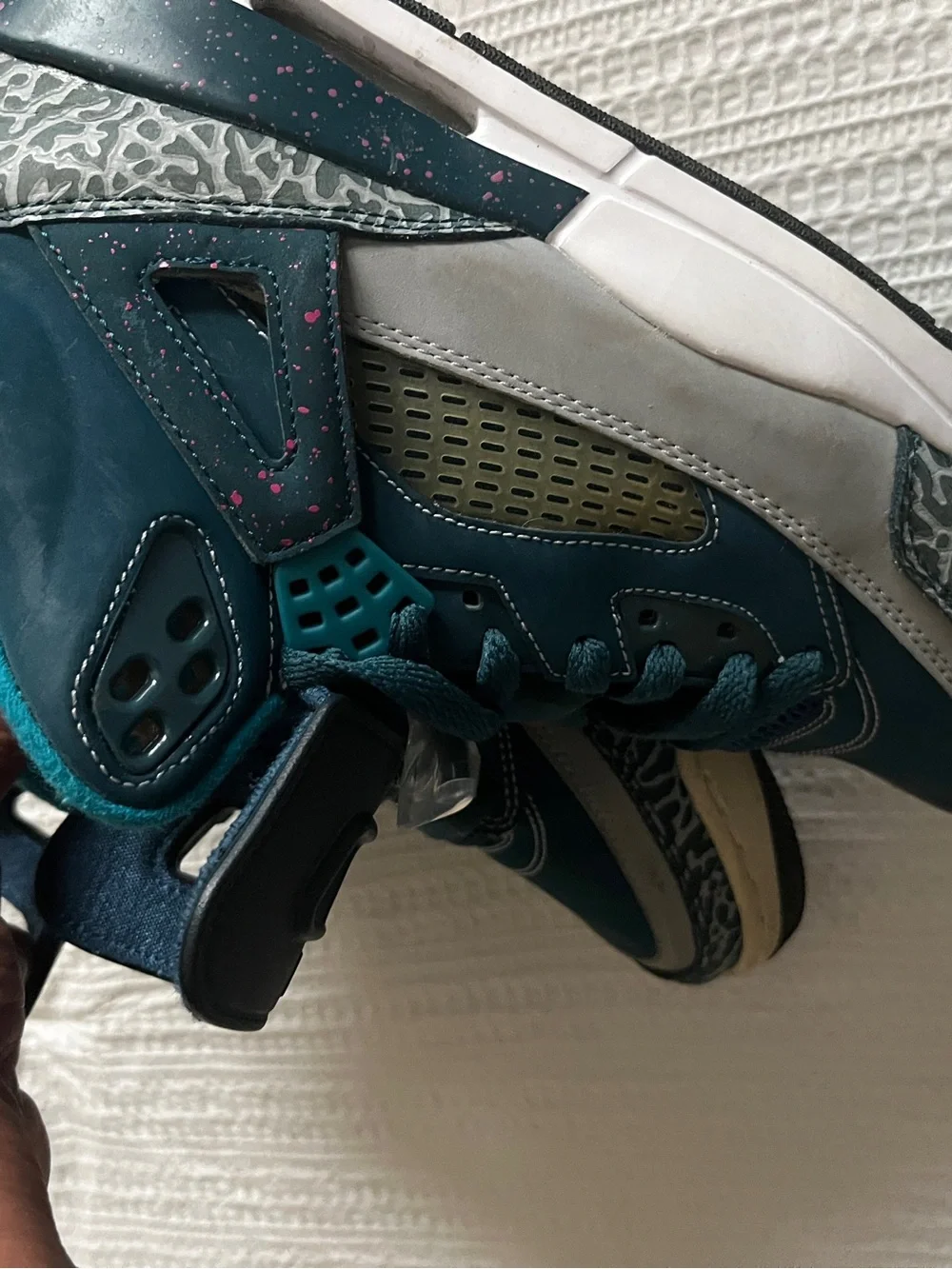 Jordan Spizike Space Teal and Gray Sneakers with Pink Accent.